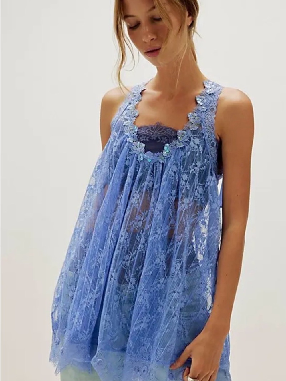 NWT!  Free People Intimately Good Catch Mini Lace Babydoll Slip Periwinkle S